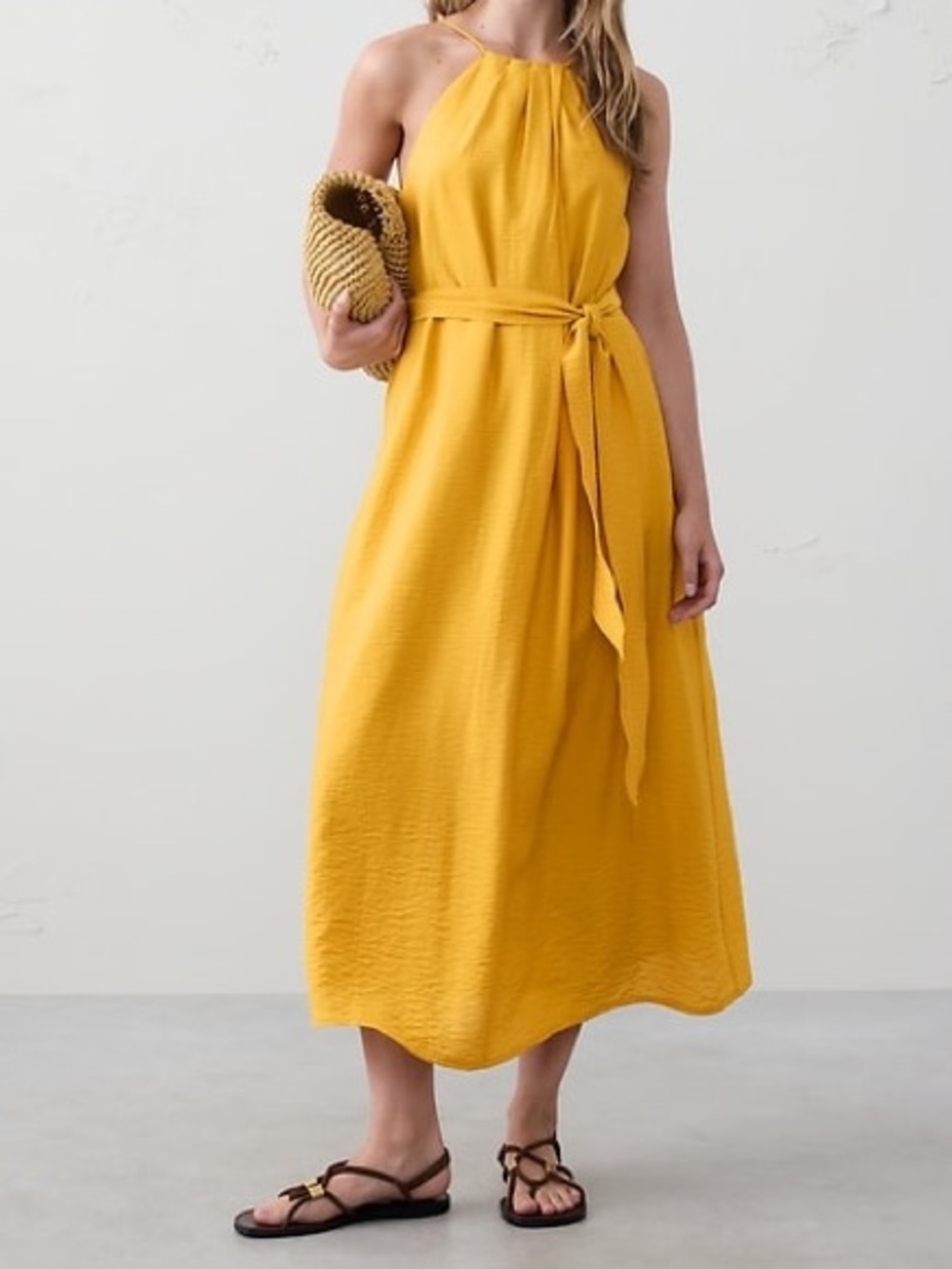 Banana Republic Pleated Neck Texture Midi Dress in “Autumn Leaves” / Mustard